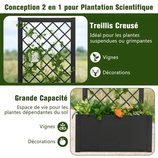 Jardinière avec Treillis en Métal Charge 10KG pour Plante Grimpante Lit de Jardin Surélevé Résistance aux Intempéries 63 x 31 x 124 cm Noir