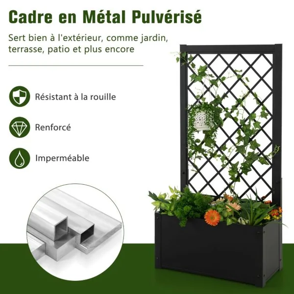 Jardinière avec Treillis en Métal Charge 10KG pour Plante Grimpante Lit de Jardin Surélevé Résistance aux Intempéries 63 x 31 x 124 cm Noir