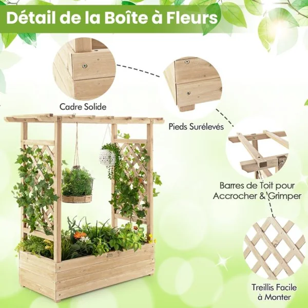 Jardinière avec Treillis Latéraux et Toit Suspendu Bois Sapin Pré-huilé 110x44x113,5 CM Bac à Fleurs avec Trou de Drainage Orange/Natural/Café