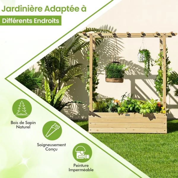 Jardinière avec Treillis Latéraux et Toit Suspendu Bois Sapin Pré-huilé 110x44x113,5 CM Bac à Fleurs avec Trou de Drainage Orange/Natural/Café