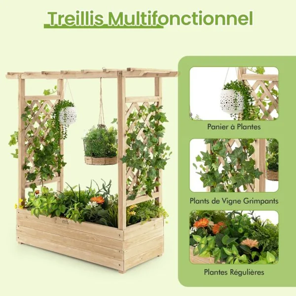 Jardinière avec Treillis Latéraux et Toit Suspendu Bois Sapin Pré-huilé 110x44x113,5 CM Bac à Fleurs avec Trou de Drainage Orange/Natural/Café