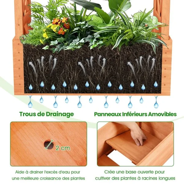 Jardinière avec Treillis Toit Suspendu en Bois avec Trou de Drainage Lit de Jardin Surélevé pour Plante Grimpante 66 x 32 x 152 cm Orange