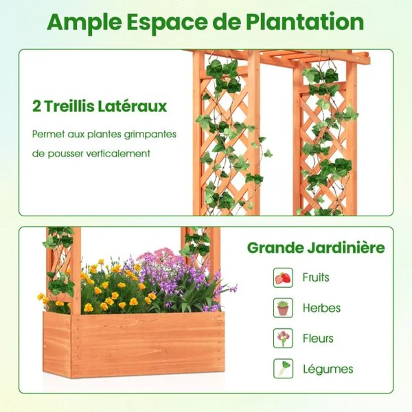 Jardinière avec Treillis Toit Suspendu en Bois avec Trou de Drainage Lit de Jardin Surélevé pour Plante Grimpante 66 x 32 x 152 cm Orange