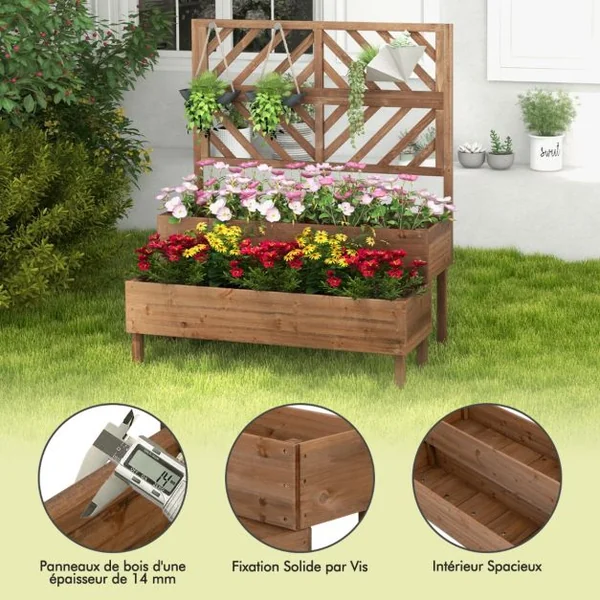 Jardinière avec Treillis à 2 Niveaux en Bois de Sapin Bac à Fleurs Rectangulaire avec Trou de Drainage pour Plante Grimpante Café