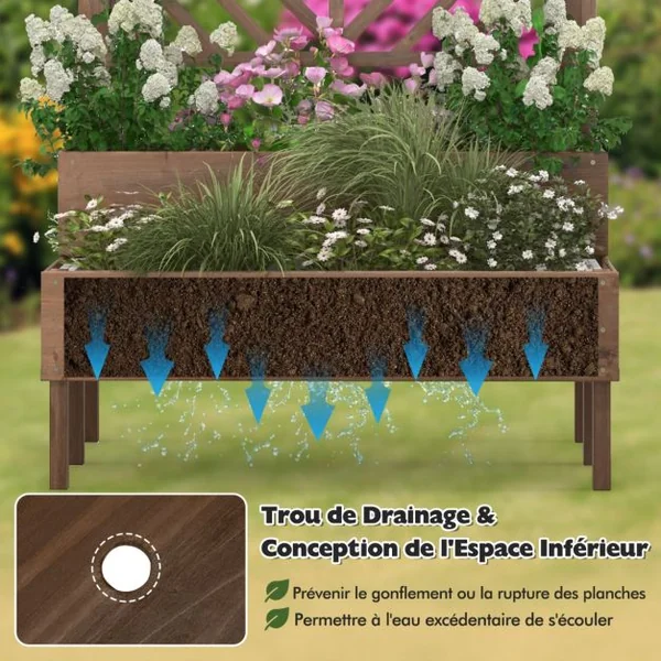 Jardinière avec Treillis à 2 Niveaux en Bois de Sapin Bac à Fleurs Rectangulaire avec Trou de Drainage pour Plante Grimpante Café