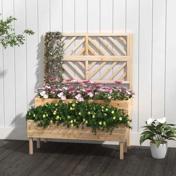 Jardinière avec Treillis à 2 Niveaux en Bois de Sapin Bac à Fleurs Rectangulaire avec Trou de Drainage pour Plante Grimpante