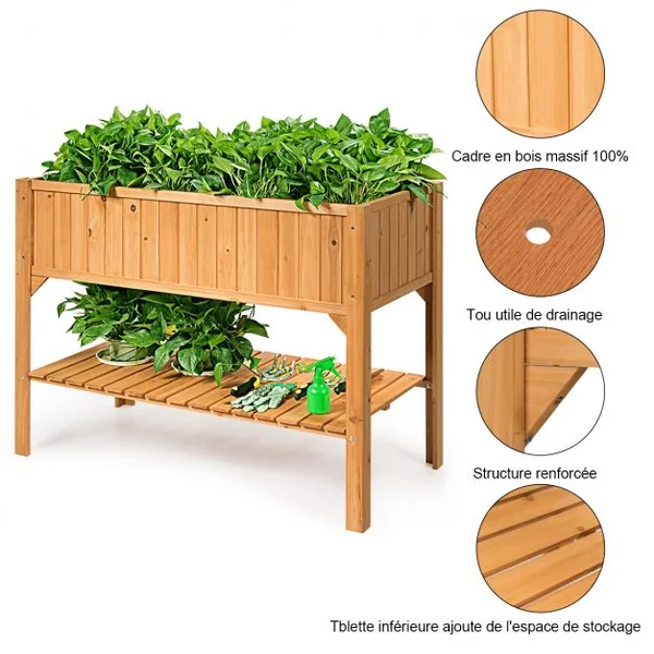 Jardinière Bac à Fleurs Lit de Jardin sur Pied avec 1 Étagère Trous de Drainage en Bois de Sapin, 119x57x90cm, Naturel