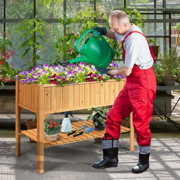 Jardinière Bac à Fleurs Lit de Jardin sur Pied avec 1 Étagère Trous de Drainage en Bois de Sapin, 119x57x90cm, Naturel