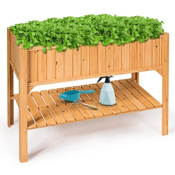 Jardinière Bac à Fleurs Lit de Jardin sur Pied avec 1 Étagère Trous de Drainage en Bois de Sapin, 119x57x90cm, Naturel