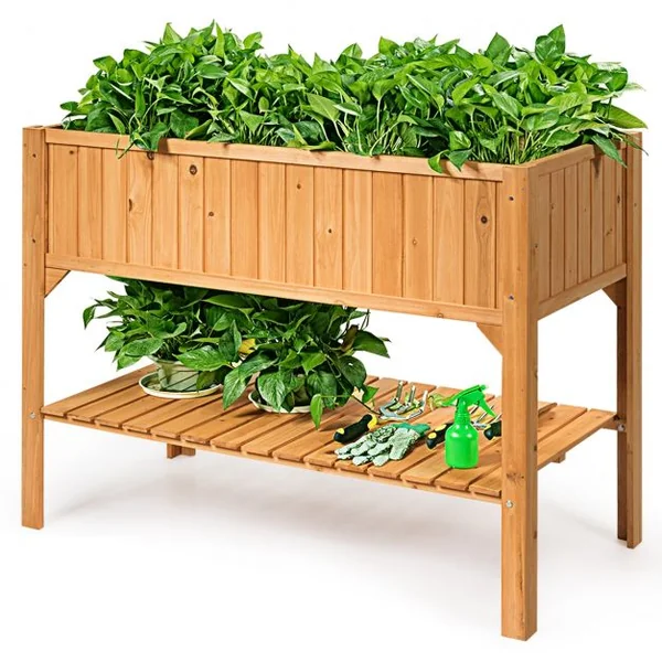 Jardinière Bac à Fleurs Lit de Jardin sur Pied avec 1 Étagère Trous de Drainage en Bois de Sapin, 119x57x90cm, Naturel