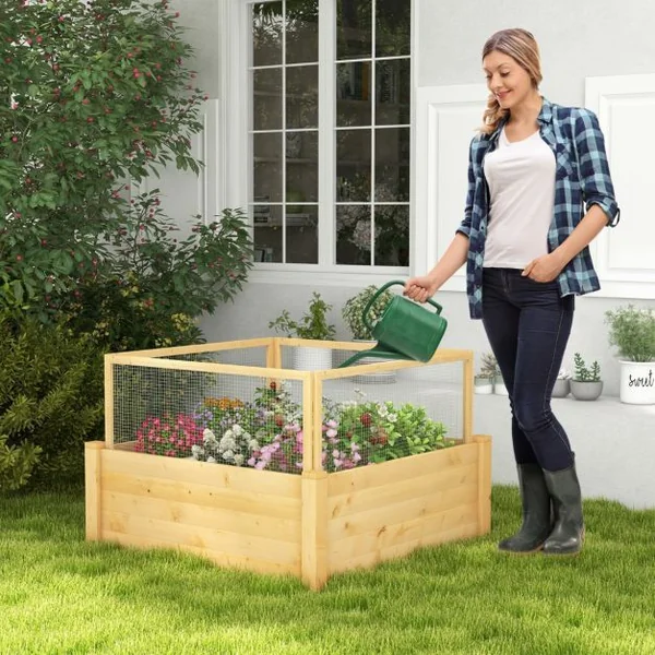 Jardinière Carre Potager Extérieur en Bois de Sapin avec Clôture de Protection et Grille de Culture pour Fleur Légume Fruit