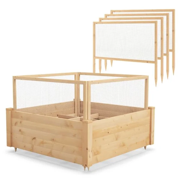 Jardinière Carre Potager Extérieur en Bois de Sapin avec Clôture de Protection et Grille de Culture pour Fleur Légume Fruit