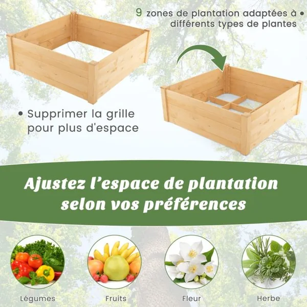 Jardinière Carre Potager Extérieur en Bois de Sapin avec Clôture de Protection et Grille de Culture pour Fleur Légume Fruit