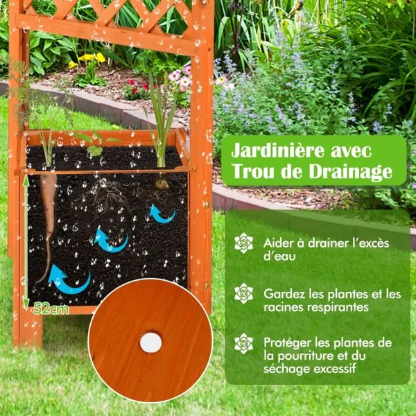 Jardinière sur pied avec Treillis en Bois de Sapin 54,5x52x180CM Bac à Fleurs avec Trous de Drainage pour Plantes Grimpantes