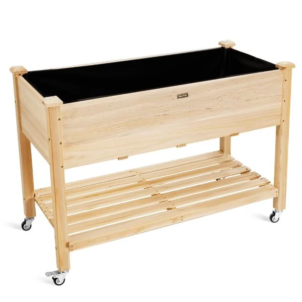 Jardinière sur Pieds en Bois de Sapin 120x59x84 cm Potager sur roulettes avec Doublure de Protection et 4 Trous de Drainage