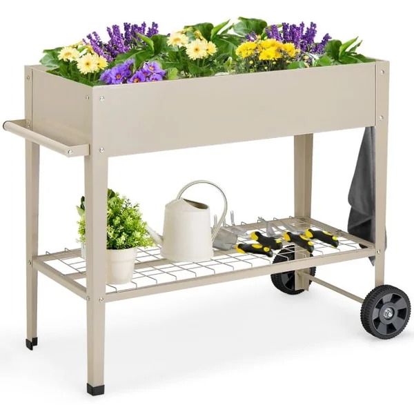Jardinière Surélevé en Métal avec Pieds Lit de Jardin sur Roulette avec Étagère Trous de Drainage Crochets de Suspension et Poignée Blanc