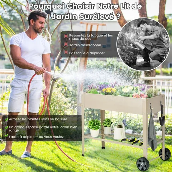 Jardinière Surélevé en Métal avec Pieds Lit de Jardin sur Roulette avec Étagère Trous de Drainage Crochets de Suspension et Poignée Blanc