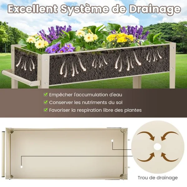 Jardinière Surélevé en Métal avec Pieds Lit de Jardin sur Roulette avec Étagère Trous de Drainage Crochets de Suspension et Poignée Blanc