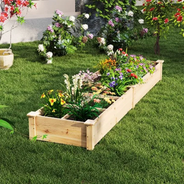 Jardinière Surélevée en Bois avec 2 Bacs à Fleurs et Séparateurs Lit de Jardin pour Culture Fruits Légumes Jardinière 228x62x25cm Naturel