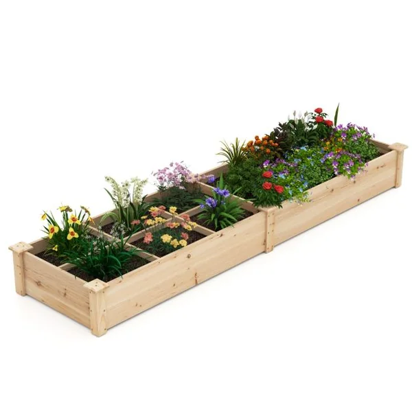 Jardinière Surélevée en Bois avec 2 Bacs à Fleurs et Séparateurs Lit de Jardin pour Culture Fruits Légumes Jardinière 228x62x25cm Naturel