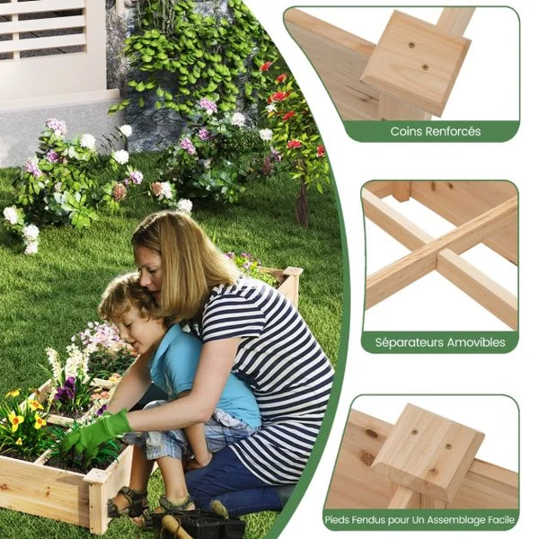 Jardinière Surélevée en Bois avec 2 Bacs à Fleurs et Séparateurs Lit de Jardin pour Culture Fruits Légumes Jardinière 228x62x25cm Naturel