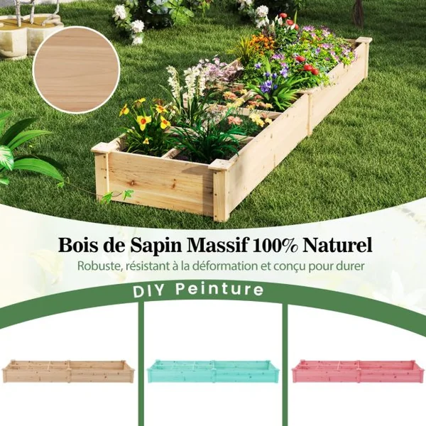 Jardinière Surélevée en Bois avec 2 Bacs à Fleurs et Séparateurs Lit de Jardin pour Culture Fruits Légumes Jardinière 228x62x25cm Naturel