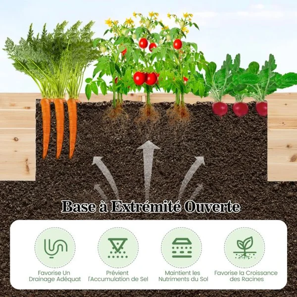 Jardinière Surélevée en Bois avec 2 Bacs à Fleurs et Séparateurs Lit de Jardin pour Culture Fruits Légumes Jardinière 228x62x25cm Naturel