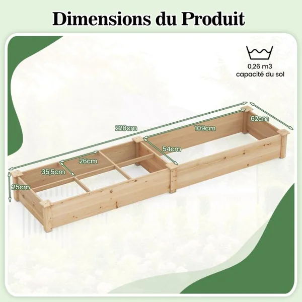 Jardinière Surélevée en Bois avec 2 Bacs à Fleurs et Séparateurs Lit de Jardin pour Culture Fruits Légumes Jardinière 228x62x25cm Naturel
