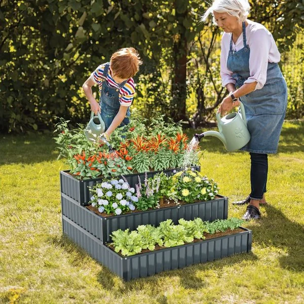 Jardinière Surélevée en Métal Robuste à 3 Niveaux 118 x 118 x 61 cm Lit de Jardin Extérieure avec Base Ouverte Noir