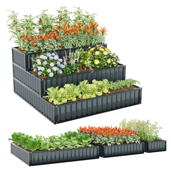 Jardinière Surélevée en Métal Robuste à 3 Niveaux 118 x 118 x 61 cm Lit de Jardin Extérieure avec Base Ouverte Noir