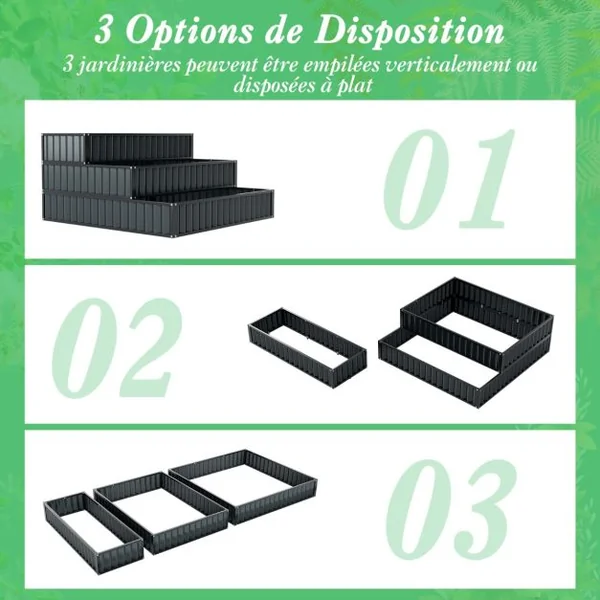 Jardinière Surélevée en Métal Robuste à 3 Niveaux 118 x 118 x 61 cm Lit de Jardin Extérieure avec Base Ouverte Noir