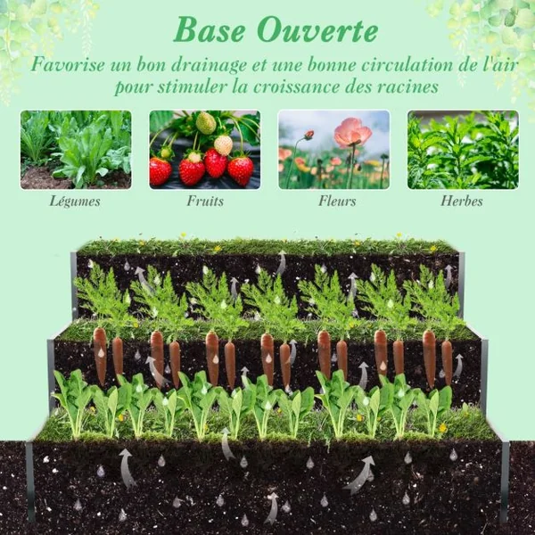 Jardinière Surélevée en Métal Robuste à 3 Niveaux 118 x 118 x 61 cm Lit de Jardin Extérieure avec Base Ouverte Noir