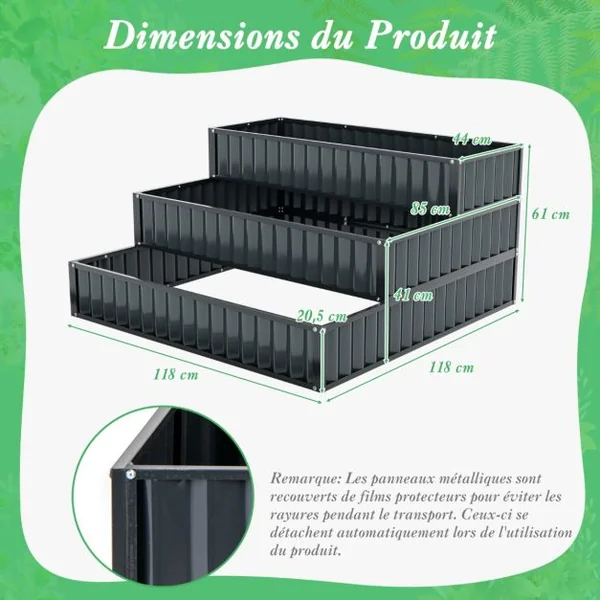 Jardinière Surélevée en Métal Robuste à 3 Niveaux 118 x 118 x 61 cm Lit de Jardin Extérieure avec Base Ouverte Noir