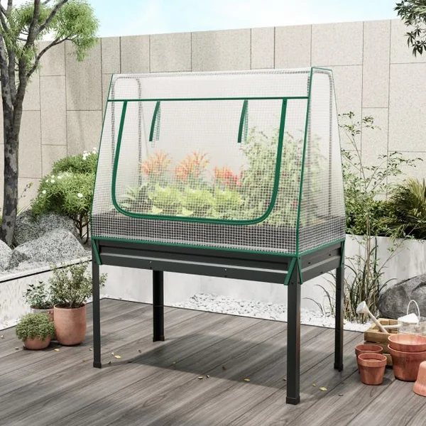 Jardinière Surélevée Potager 3-en-1 avec Couverture de Serre et Treillis Bac de Plantation Métallique sur Pieds avec Trous de Drainage Gris