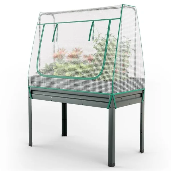 Jardinière Surélevée Potager 3-en-1 avec Couverture de Serre et Treillis Bac de Plantation Métallique sur Pieds avec Trous de Drainage Gris