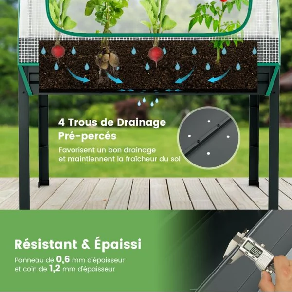 Jardinière Surélevée Potager 3-en-1 avec Couverture de Serre et Treillis Bac de Plantation Métallique sur Pieds avec Trous de Drainage Gris