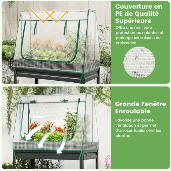 Jardinière Surélevée Potager 3-en-1 avec Couverture de Serre et Treillis Bac de Plantation Métallique sur Pieds avec Trous de Drainage Gris