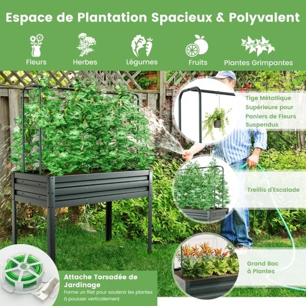 Jardinière Surélevée Potager 3-en-1 avec Couverture de Serre et Treillis Bac de Plantation Métallique sur Pieds avec Trous de Drainage Gris