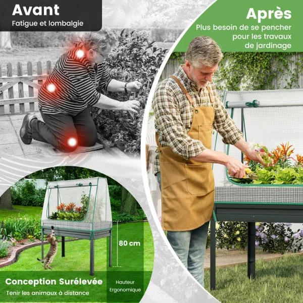 Jardinière Surélevée Potager 3-en-1 avec Couverture de Serre et Treillis Bac de Plantation Métallique sur Pieds avec Trous de Drainage Gris