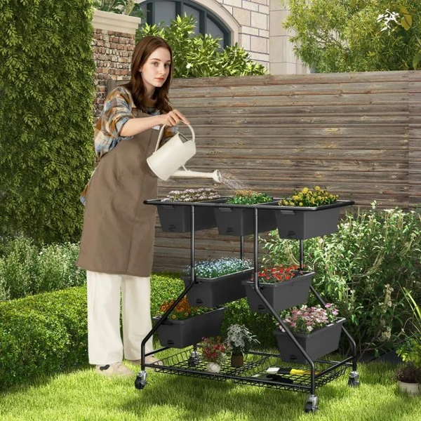 Jardinière Surélevée Vertical avec 7 Bacs de Plantation Trous de Drainage Paniers de Rangement 4 Roulettes Verrouillables 100x56x99cm Noir