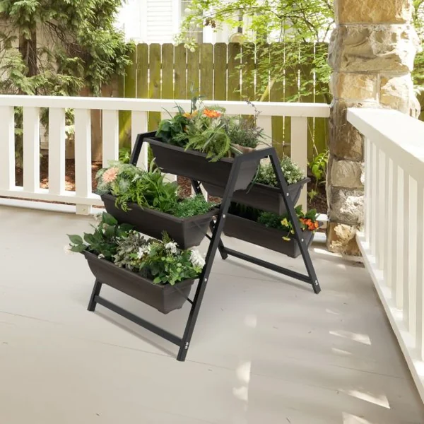 Jardinière Surélevée à 3 Niveaux avec 5 Bacs à Plantes Charge 25KG Système de Drainage Lit de Jardin Vertical Cadre en Métal Imperméable 65 x 92 x 79 cm