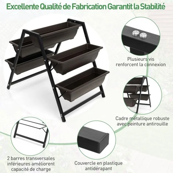 Jardinière Surélevée à 3 Niveaux avec 5 Bacs à Plantes Charge 25KG Système de Drainage Lit de Jardin Vertical Cadre en Métal Imperméable 65 x 92 x 79 cm