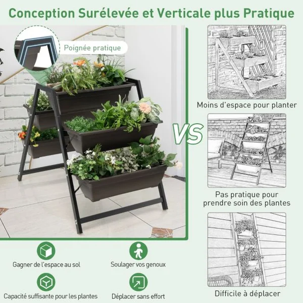 Jardinière Surélevée à 3 Niveaux avec 5 Bacs à Plantes Charge 25KG Système de Drainage Lit de Jardin Vertical Cadre en Métal Imperméable 65 x 92 x 79 cm