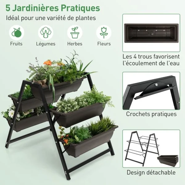 Jardinière Surélevée à 3 Niveaux avec 5 Bacs à Plantes Charge 25KG Système de Drainage Lit de Jardin Vertical Cadre en Métal Imperméable 65 x 92 x 79 cm