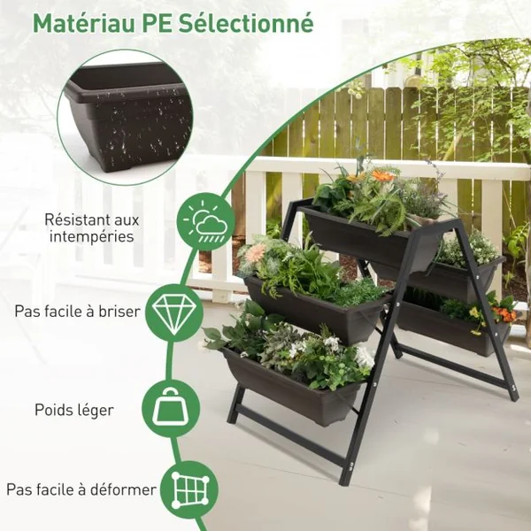 Jardinière Surélevée à 3 Niveaux avec 5 Bacs à Plantes Charge 25KG Système de Drainage Lit de Jardin Vertical Cadre en Métal Imperméable 65 x 92 x 79 cm