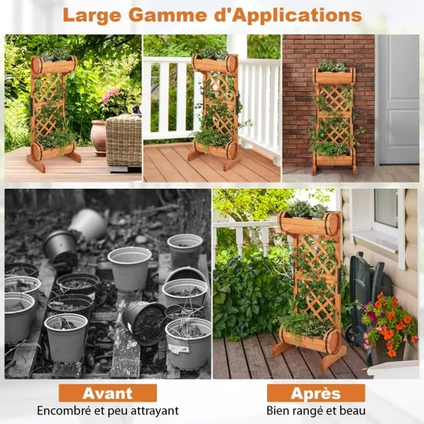 Jardinière à 2 Niveaux avec Treillis en Bois de Sapin 45,5x36x113 CM Bac à Fleurs Cylindrique pour Plante Grimpante Vigne