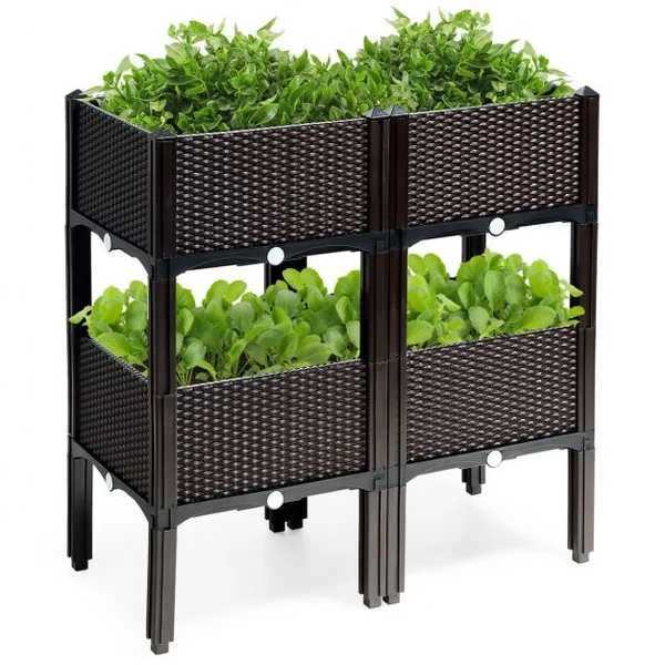 Jardinières sur Pieds à 4 Cases Potager Surélevé pour Fleurs/Herbes Aromatiques avec Drainage 41x41x45cm Noir Brun