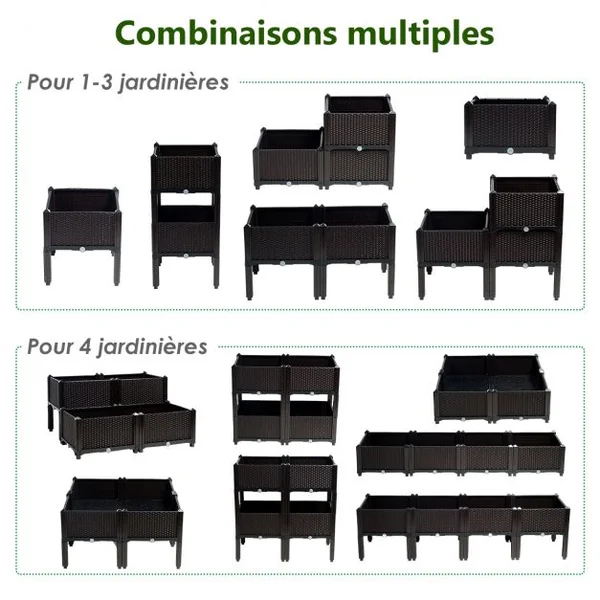 Jardinières sur Pieds à 4 Cases Potager Surélevé pour Fleurs/Herbes Aromatiques avec Drainage 41x41x45cm Noir Brun