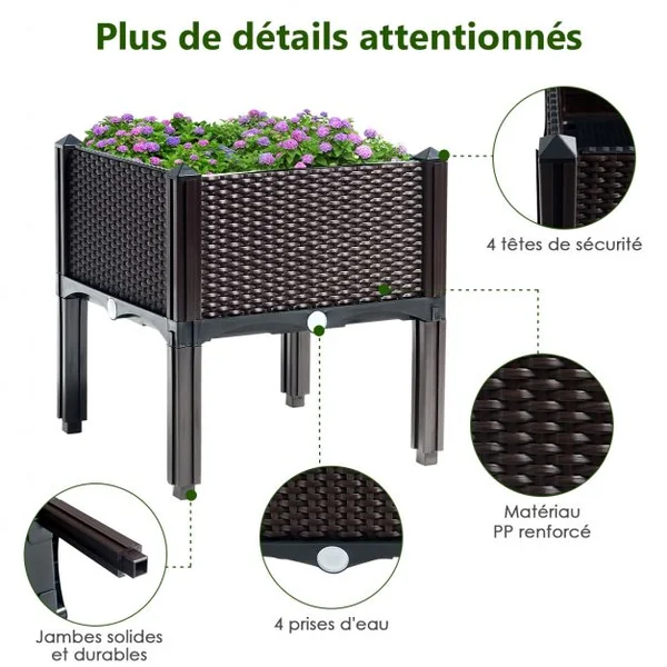 Jardinières sur Pieds à 4 Cases Potager Surélevé pour Fleurs/Herbes Aromatiques avec Drainage 41x41x45cm Noir Brun