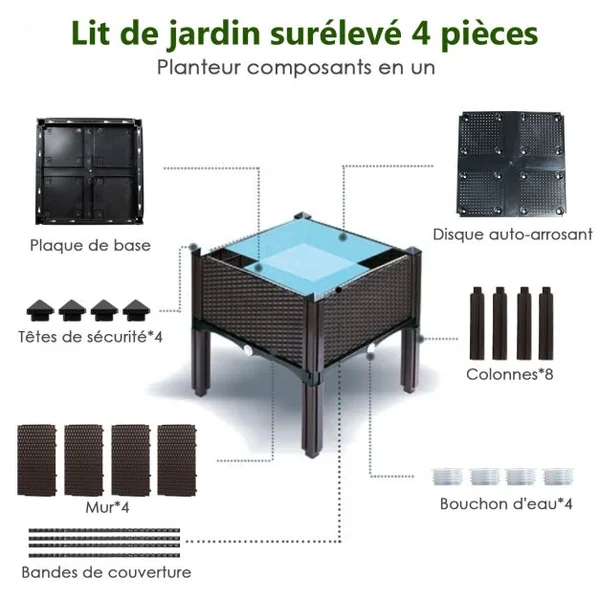 Jardinières sur Pieds à 4 Cases Potager Surélevé pour Fleurs/Herbes Aromatiques avec Drainage 41x41x45cm Noir Brun